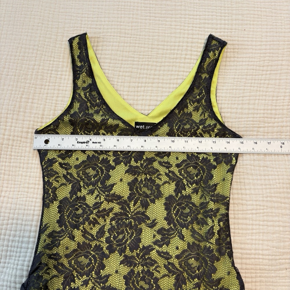 Vintage Y2K Wet Seal Lace Cami Overlay Tank Top Medium Neon Green Punk Grunge - Picture 6 of 7